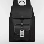 Saddle Backpack with Flap Black Grained Calfskin with Contrasting Topstitching