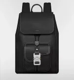 Saddle Backpack with Flap Black Grained Calfskin with Contrasting Topstitching