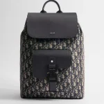 Saddle Backpack with Flap Beige and Black Dior Oblique Jacquard with Black Grained Calfskin