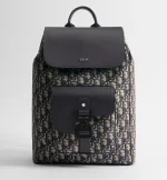 Saddle Backpack with Flap Beige and Black Dior Oblique Jacquard with Black Grained Calfskin