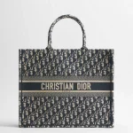 Large Dior Book Tote Ecru and Blue Dior Oblique Embroidery (42 x 35 x 18.5 cm)